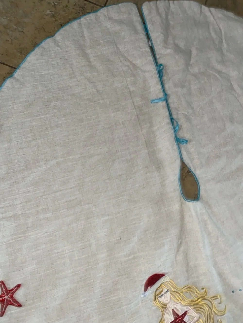 Mermaid Starfish Embroidered Coastal Turquoise White Christmas 52”W Tree Skirt